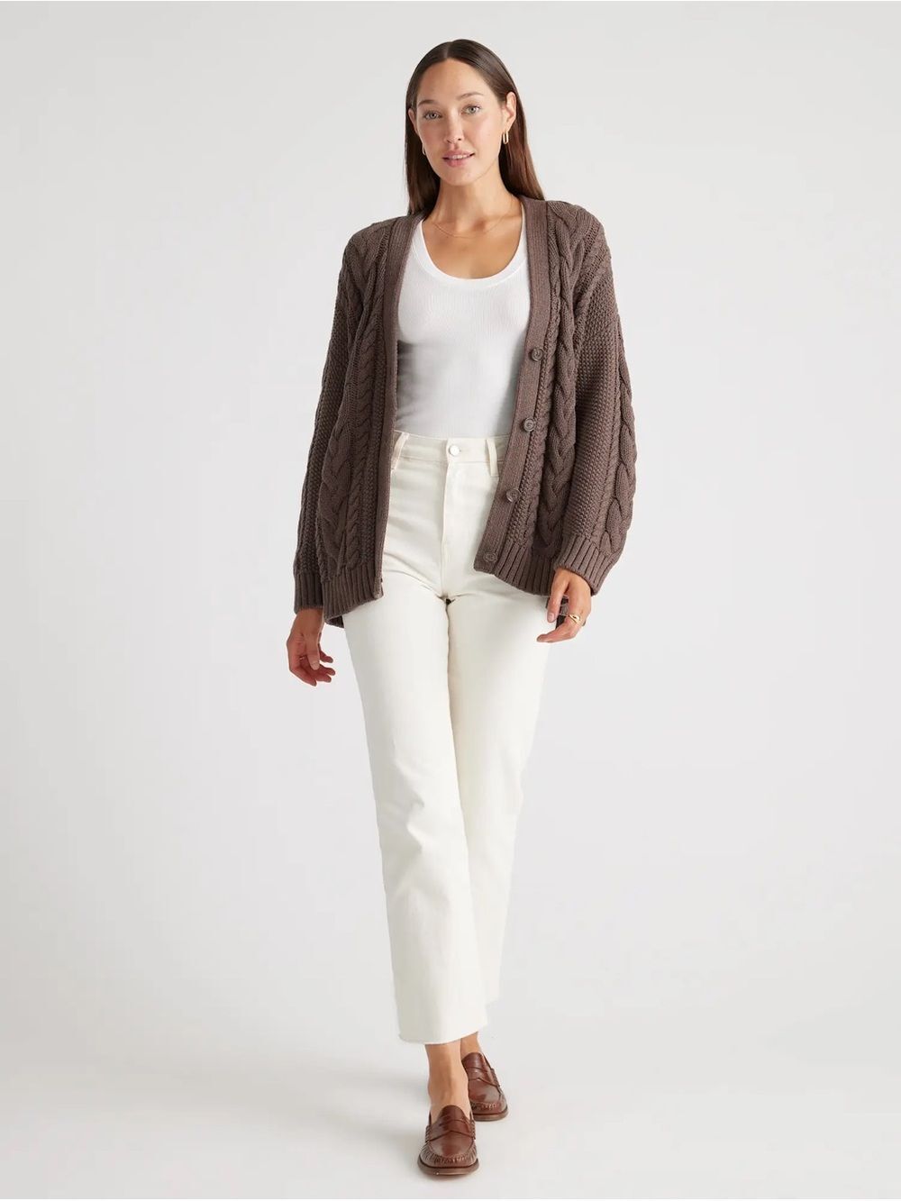 Quince 100% Organic Cotton Oversized Cable Cardigan Sweater Small Heather Brown - Picture 3 of 9